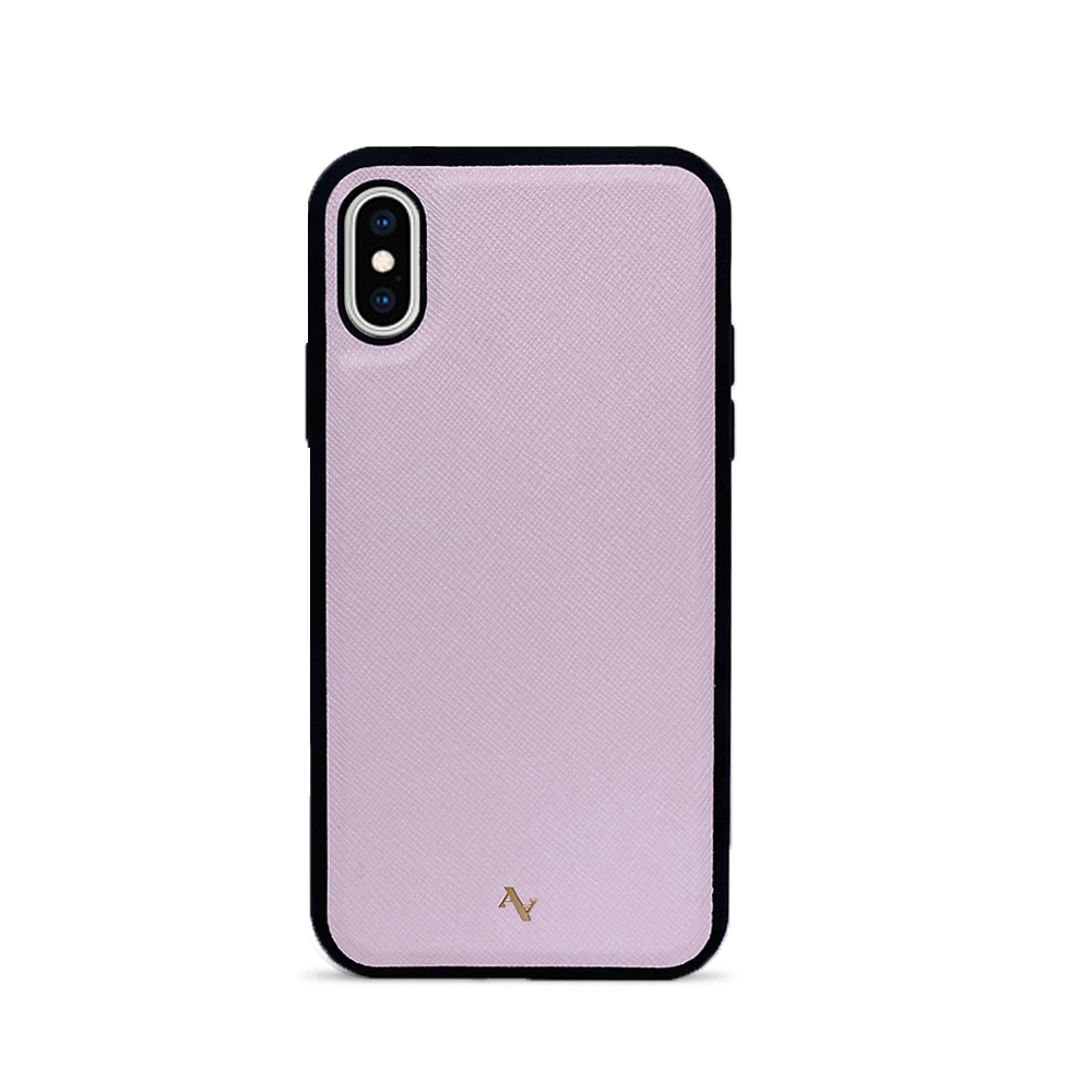 MAAD Pink Lemonade leather case for iPhone X/XS, featuring a blush pink color and saffiano leather texture.